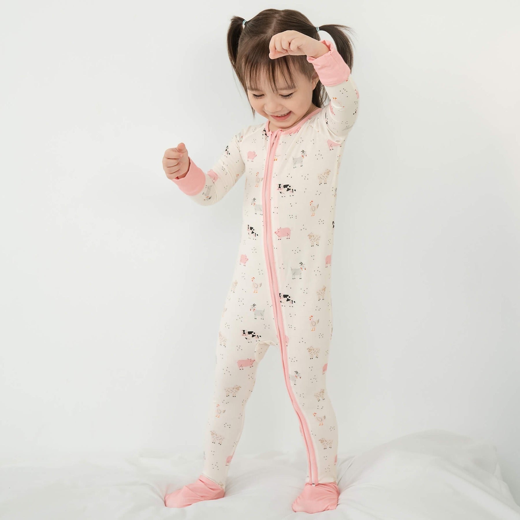 Pink Sleepy Farm Animals Convertible Zippered Romper