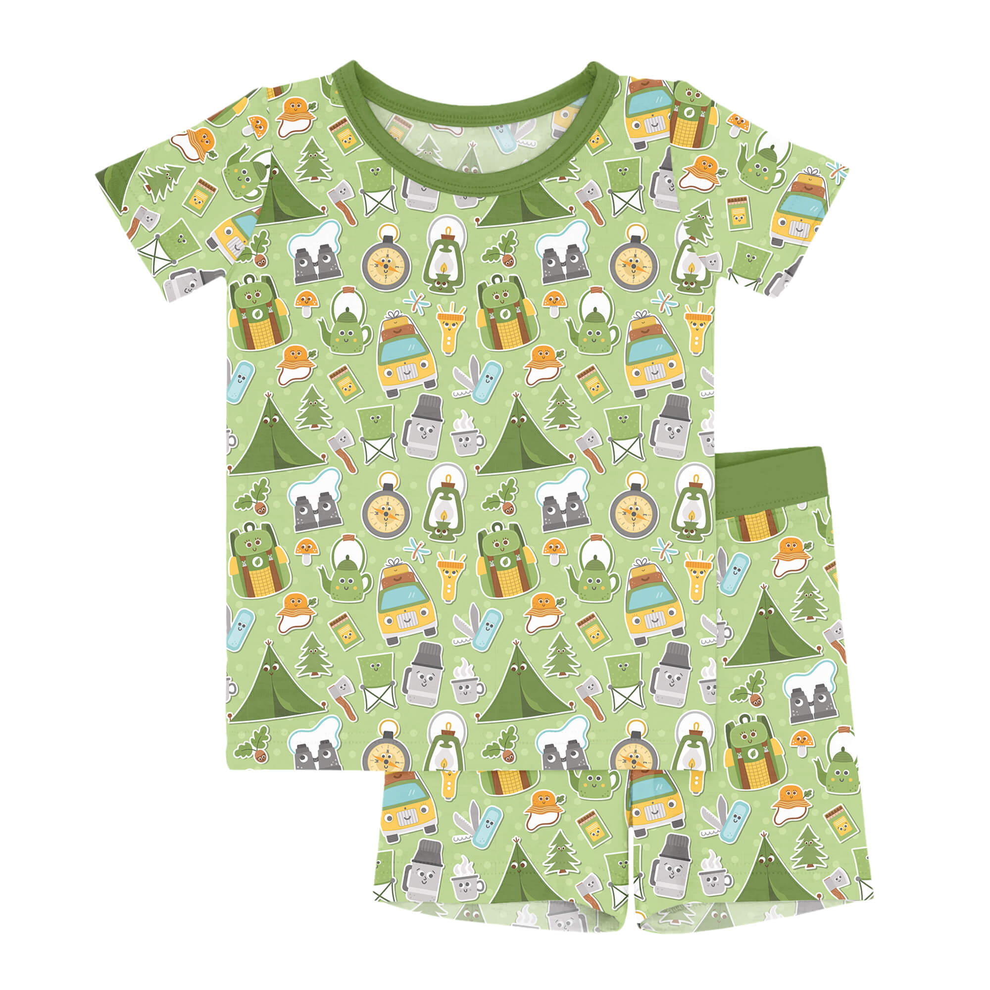 Green Camping Two Piece Short Sleeve Shorts Pajama Set