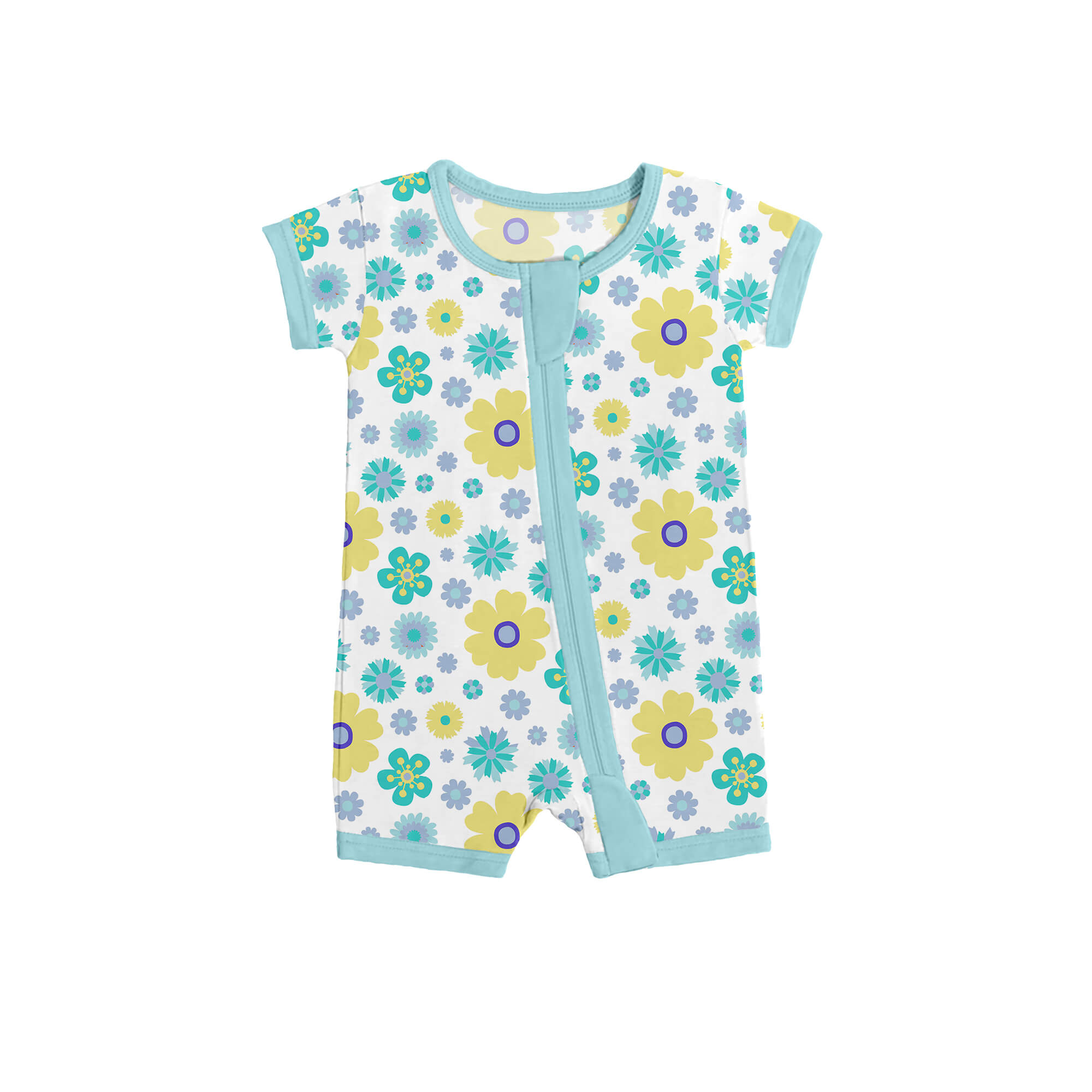 Aqua Floral Shorty Zippered Romper