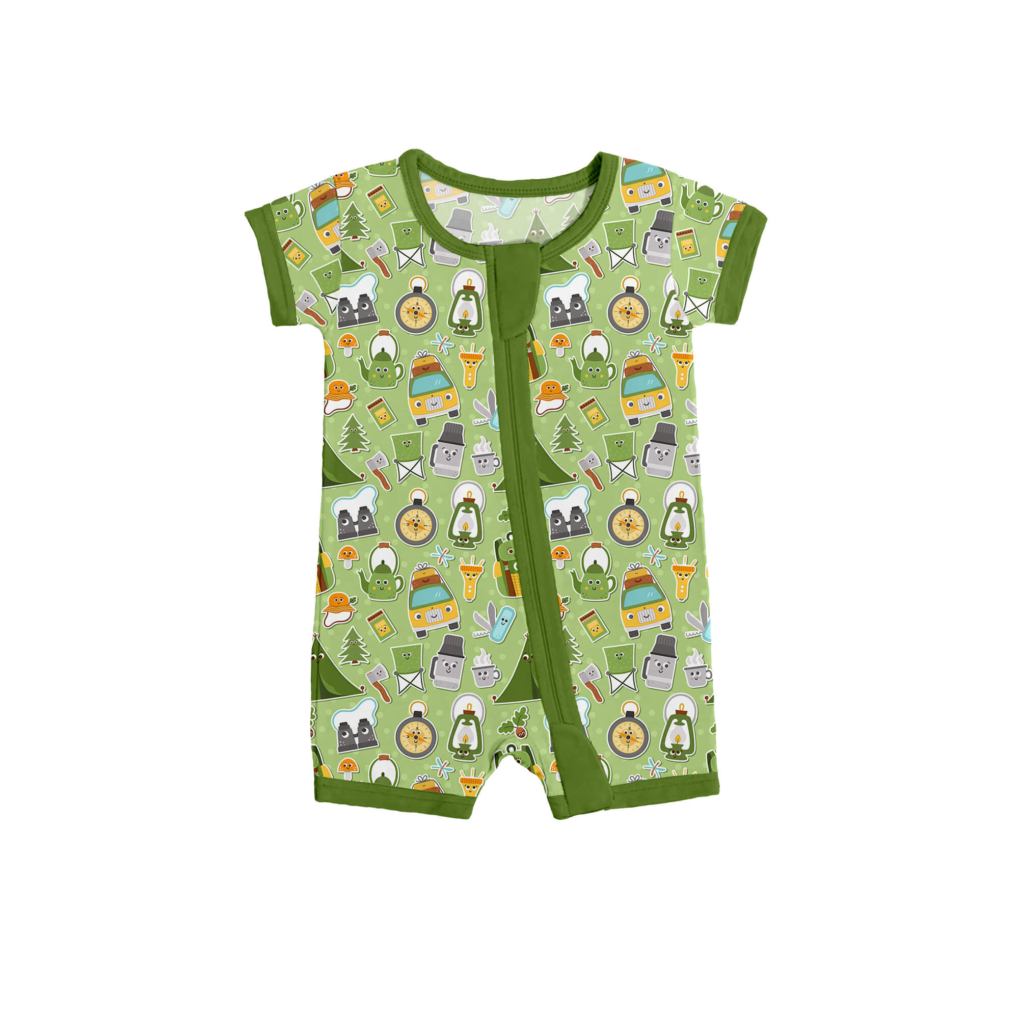 Green Camping Shorty Zippered Romper