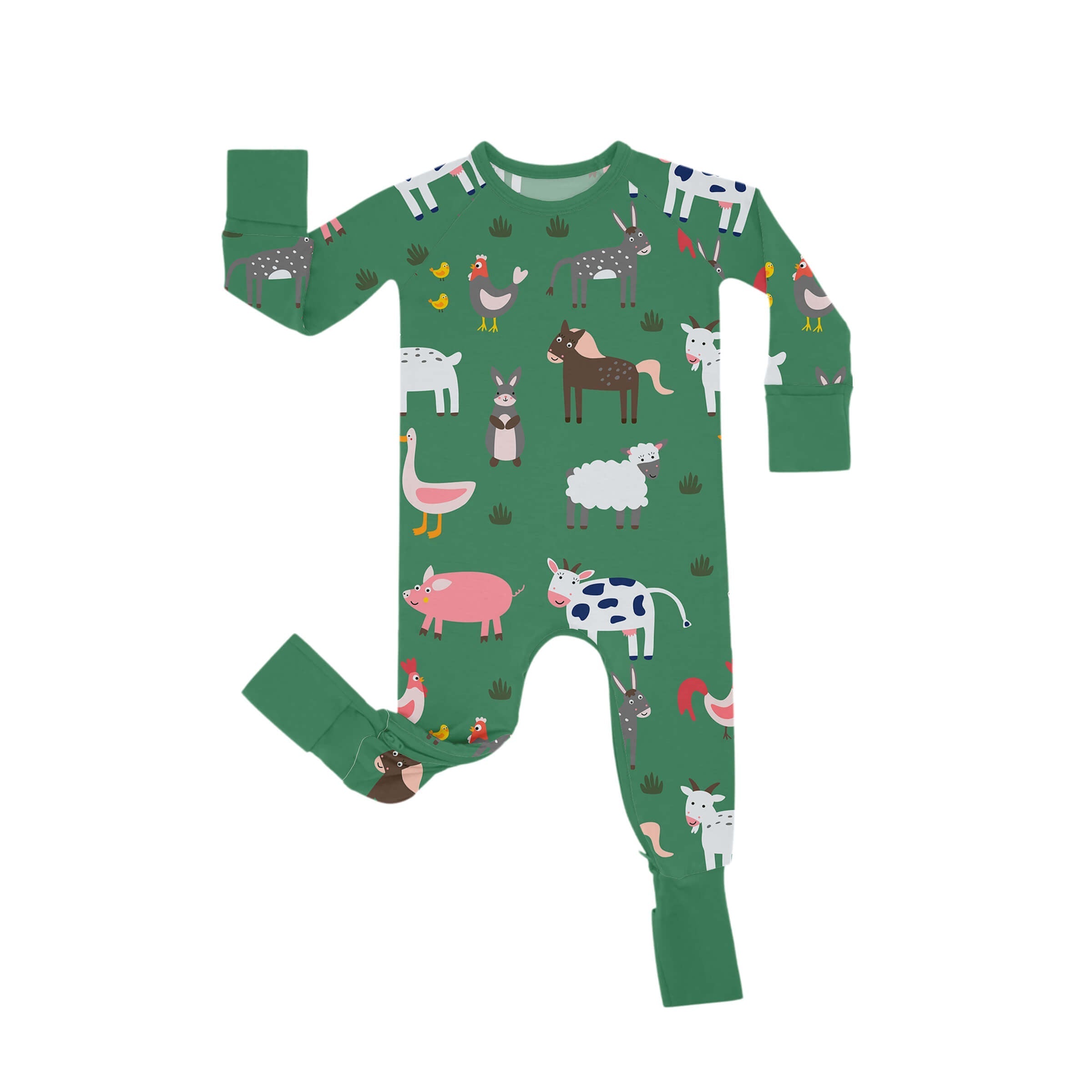 Green Farm Animals Crescent Zippered Romper