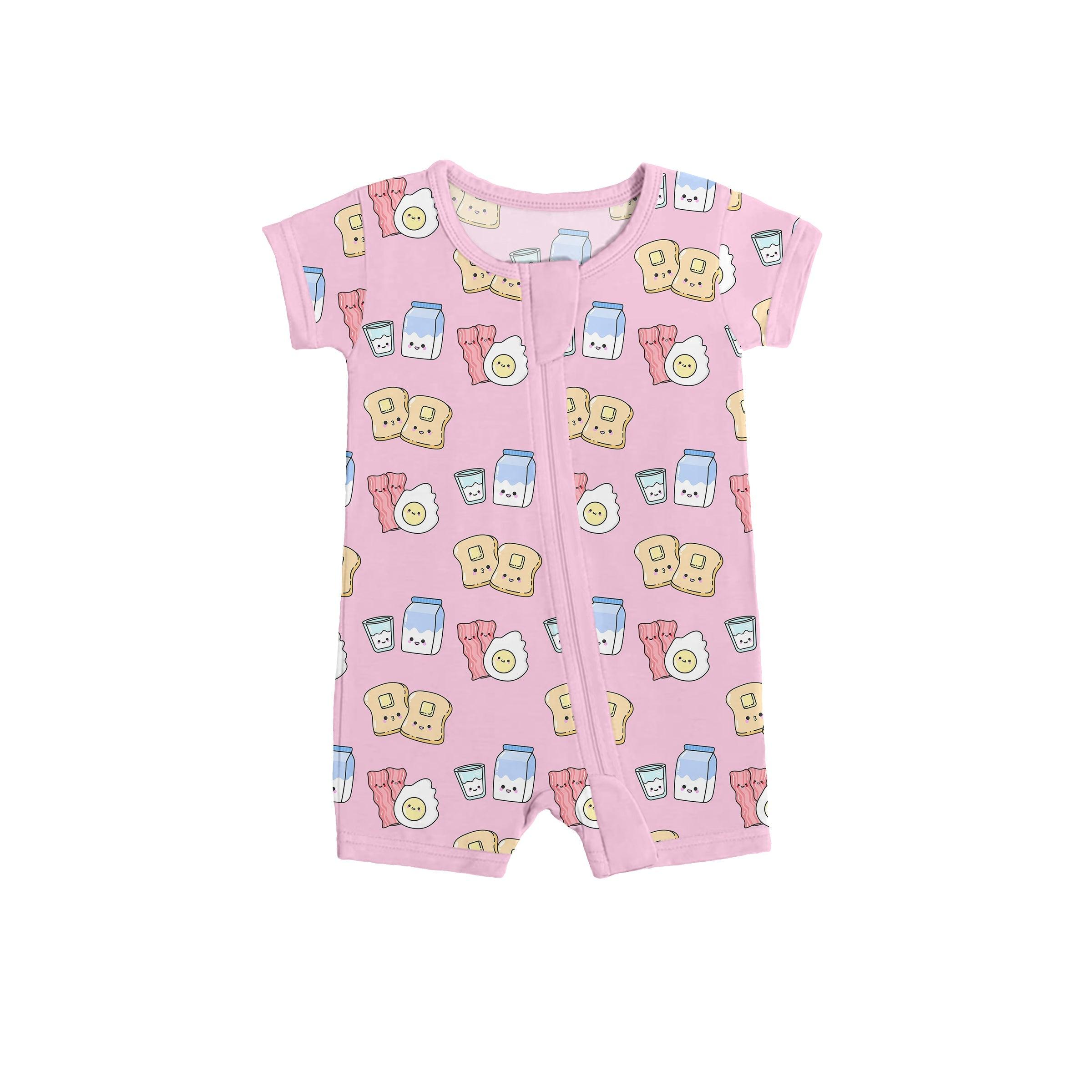 Pink Breakfast Buddies Shorty Zippered Romper