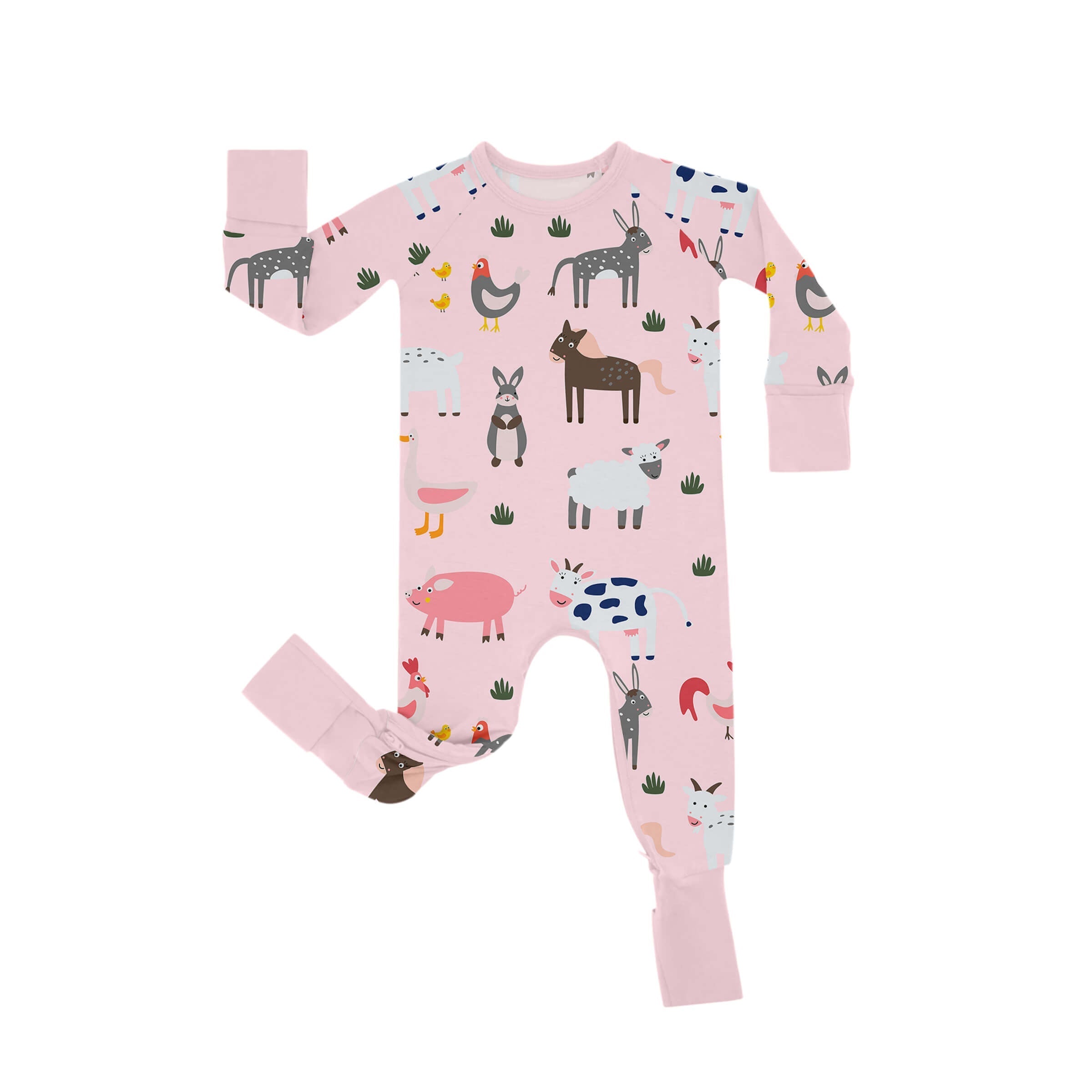 Pink Farm Animals Crescent Zippered Romper