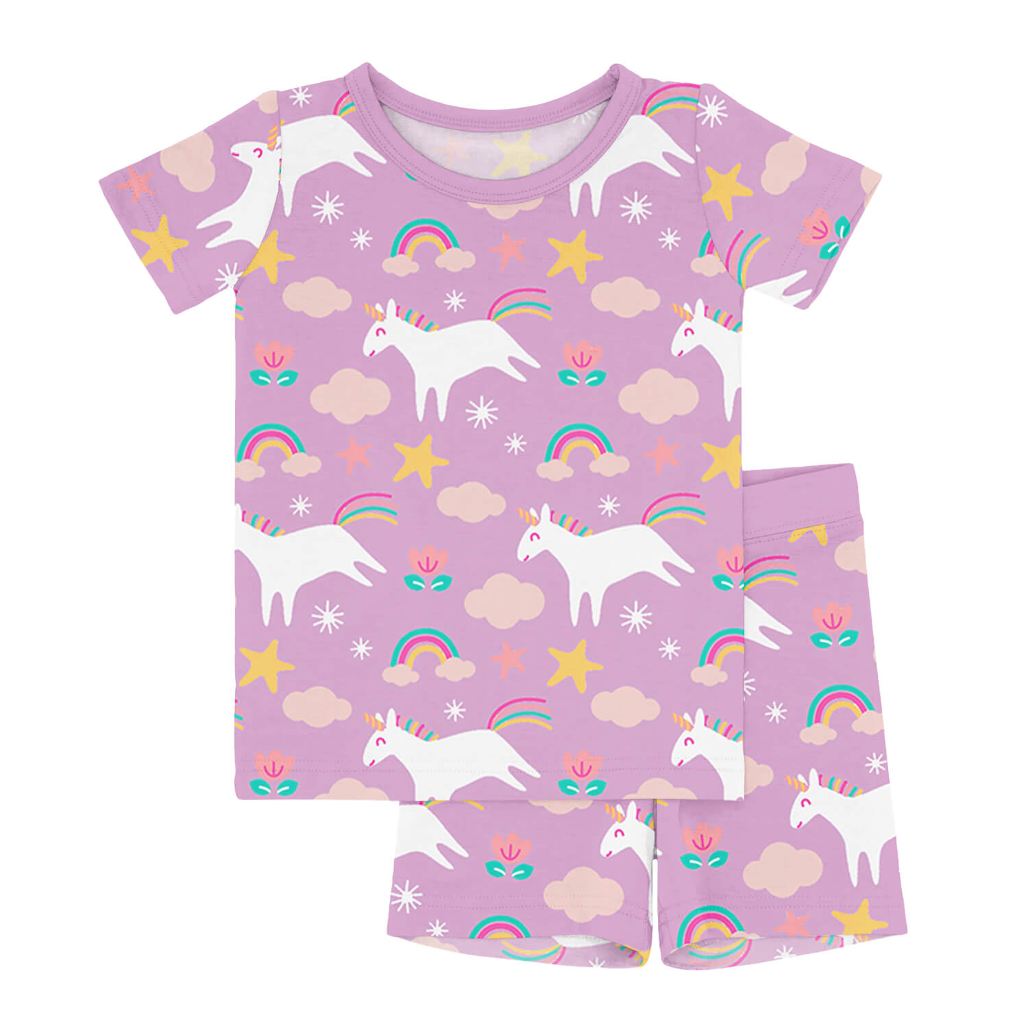 Purple Unicorns Two Piece Short Sleeve Shorts Pajama Set