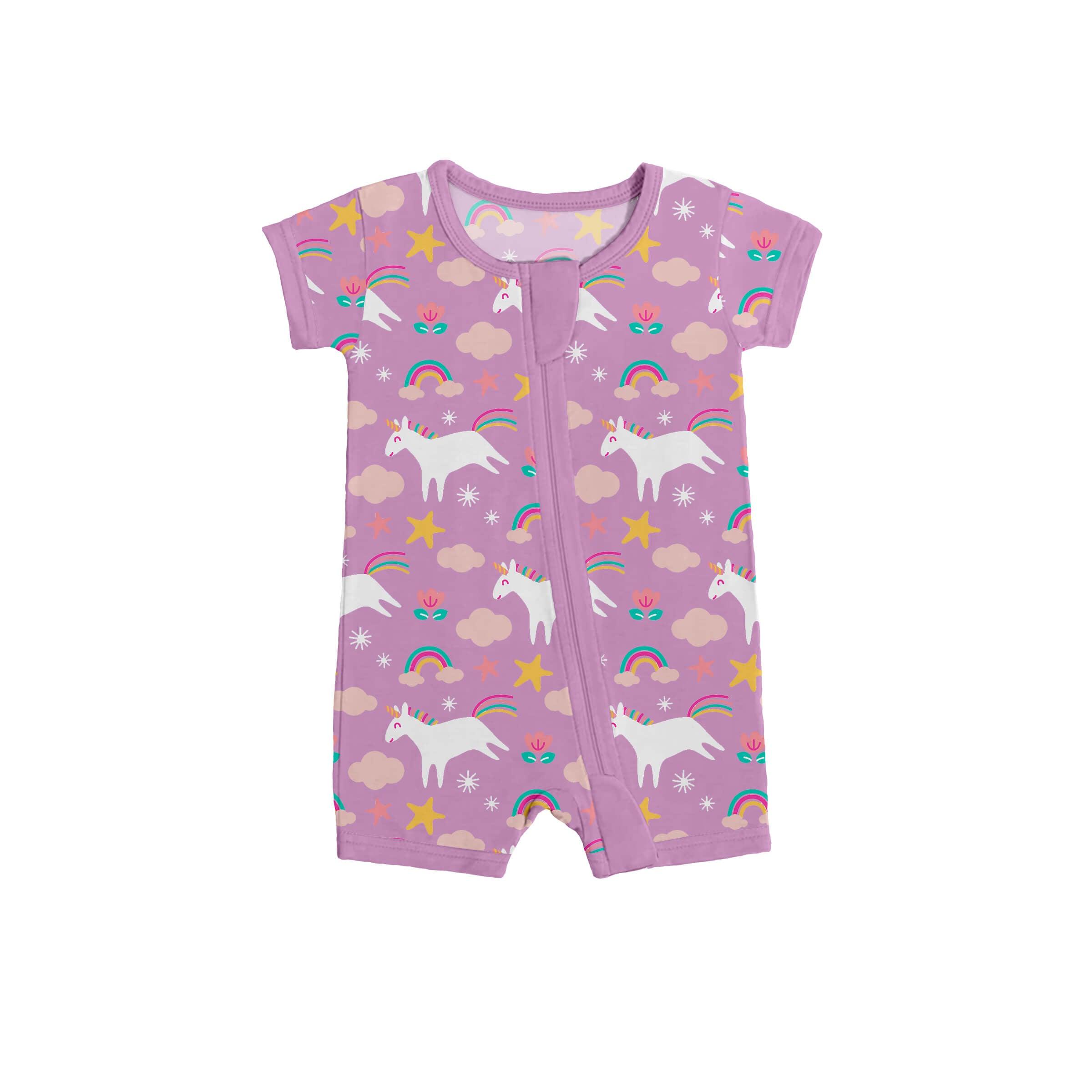 Purple Unicorns Shorty Zippered Romper